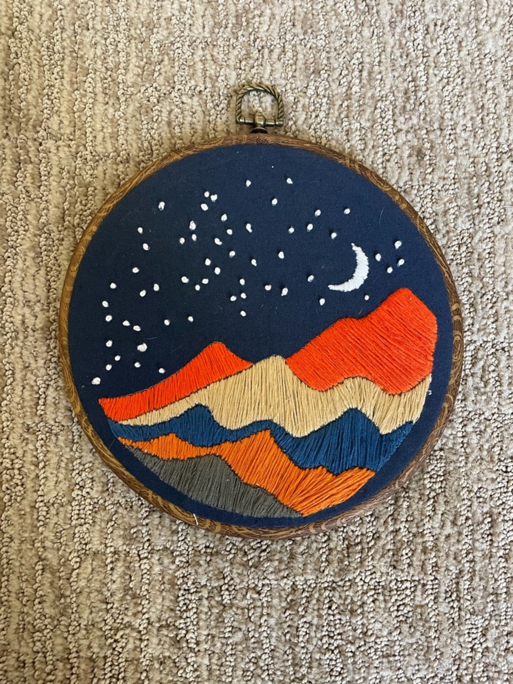Hand-Embroidered Mountain Night Hoop - Navy, Orange, Cream